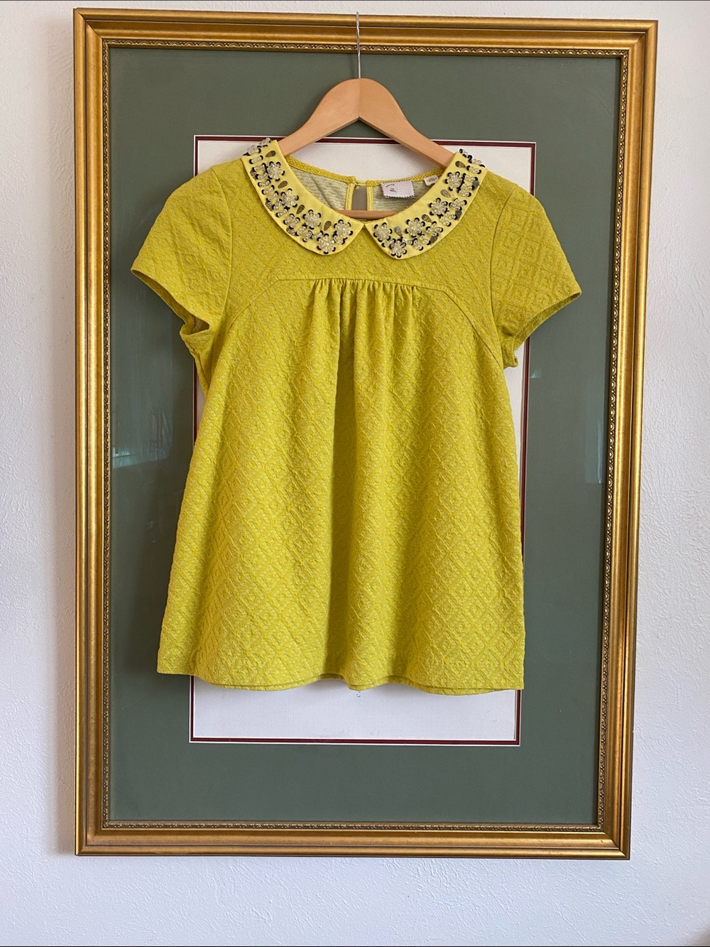 Anthro Yellow Textured Peter Pan Collar Blouse with Embellished Collar - Picture 9 of 12